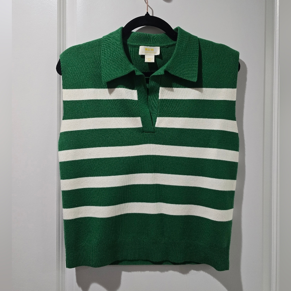 NWOT Maeve Sweater Vest, Green W/ White Stripes And Collar